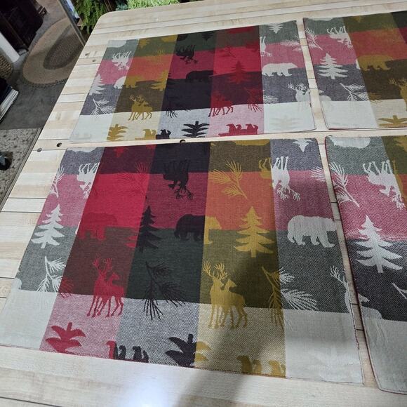 Home Studio Set 8 Woodland Placemats 8"x13" Deer Bear Trees Red Brown Cream - Picture 12 of 13